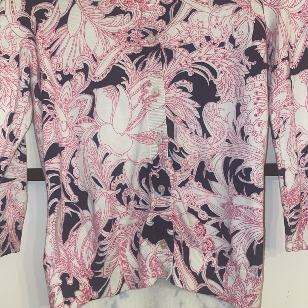🌸 Talbots Floral Beaded Button-Front Cardigan | Pink Blue White | XS 🌸 - Picture 3 of 10